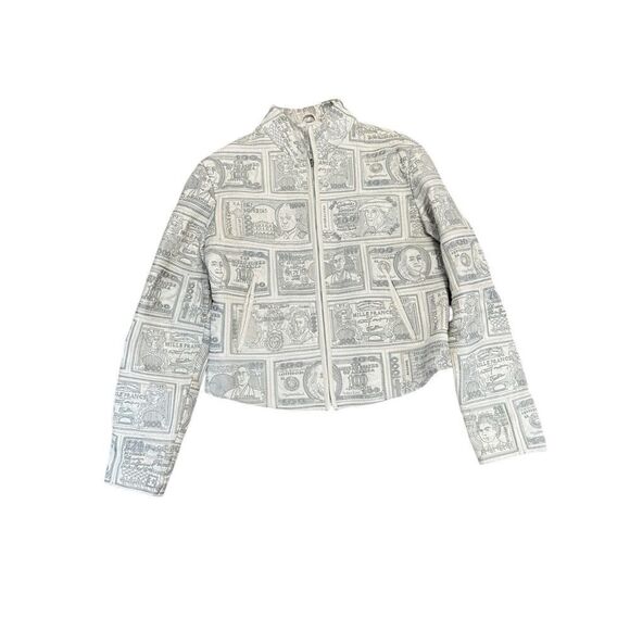 VTG RARE 90s Pelle Moda White Leather Money Print Jacket Sz L Currency $$$ - Picture 2 of 16